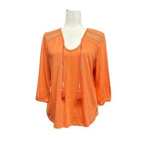 Tribal Coral Embroidered Tassel Knit Top 3/4 Sleeve Boho Women's Medium NWT